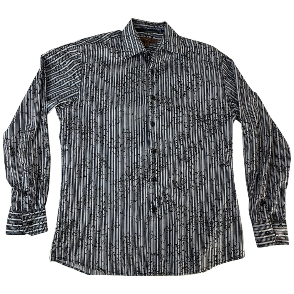 Blue Pronto Uomo Men's L Long Sleeve Button‎ Down Shirt Cotton Stripes Floral